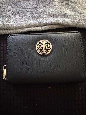 Black Leather Zip Wallet with Gold Emblem